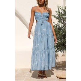 ebossy Women's Cut Out Ruffled Long Boho Dress Sexy Spaghetti Straps Open Back Flowy Sundress (Medium, Blue)