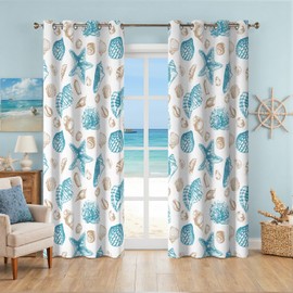 Coastal Beach Curtains & Drapes 84 Inches Long, Grommet Nautical Seashell Starfish Patterned Ocean Thermal Insulating 50% Light Blocking Window Darkening Drapes for Living Room, Bedroom 2 Panels Set