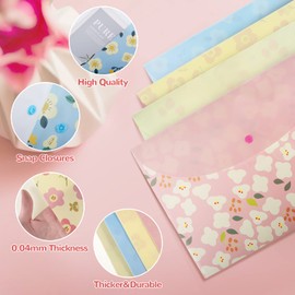 4pcs A4 Files Folder Fresh Floral Document Bag, PVC Envelope Folder Document Folder with Snap Button for School Home Work Office Organization Clear Colours Folders for Paperwork Plastic Folders