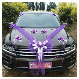 Pmnzdy Car Decoration Wedding Car Bonnet Silk Flower Tulle Garland Ribbon Decoration Wedding Decoration Car Wedding Flower Decoration Car Decoration for Wedding Engagement Party Purple