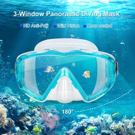 Snorkeling Diving Mask, Ultimate Pano 3 Swim Mask Anti-Fog Snorkel Mask Goggles with Nose Cover Adults & Youth for Diving, Snorkeling and Swimming (Clear Blue)