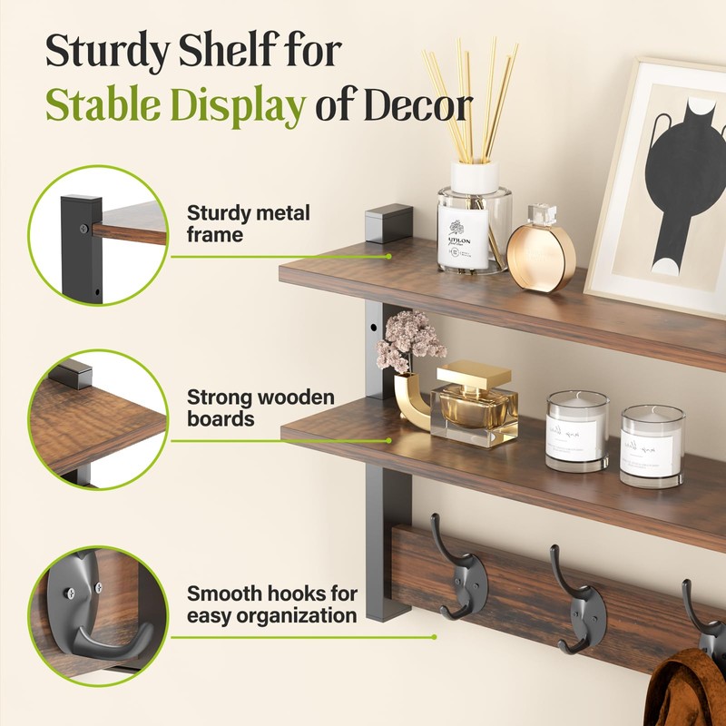 Orapoke Two-Tier Wall Shelf with Hooks, 17" Coat Rack Wall