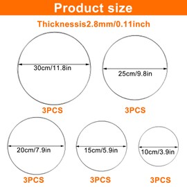 15Pcs Metal Ring, 3mm Metal Rings for Crafting Decorative for Hanging DIY Wire Rings for Crafting 10/15/20/25/30cm for Dream Catcher Rings Wedding Wreath Christmas Wreath Wall Decoration