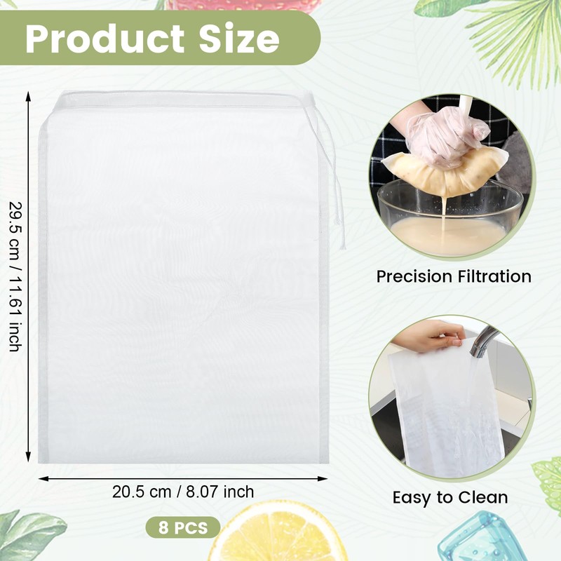 Pack of 8 Nylon Nut Milk Bags, Cheese Cloth Bags