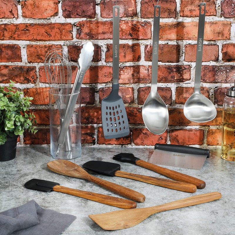 Babish 11 Piece Essential Teak Wood, Silicone, and Stainless Steel