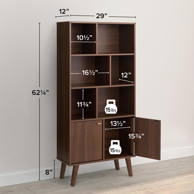 Prepac Milo Mid-Century Modern Bookcase with Six Shelves, Two Doors,