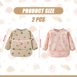 Baby Weaning Bib with Sleeves, Waterproof Washable Coverall for Feeding 0-24 Months, Long Sleeve Soft Bib with Large Pocket, Easy to Clean for Baby Led Weaning (Pink+Brown)