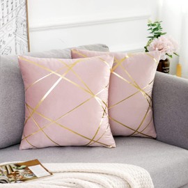 2 Pack Velvet Cushion Cover 40 x 40 CM Pink Decorative Throw Pillow Covers Gold Lines Square Geometry Cushion Case Soft Home for Living Room Bedroom Spring Summer 16 x 16 Inch