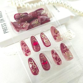Almond Press on Nails Medium Fake Nails with 3D Heart Rhinestones Bow Designs French Tip Nails Press ons Glossy Red Acrylic Winter False Fall Stick on Nails for Women 24Pcs