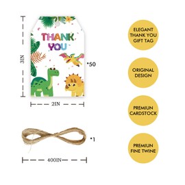 50pcs Dinosaur Thank You Tags, Dinosaur Gift Tag with String for Boy Birthday Party, Thank You Paper Tags for Dino Themed Gender Reveal/Jurassic Birthday Party Favors