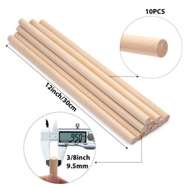 Coowayze 3/8 x 12 Wooden Dowels Wood Sticks for Crafts, 10 PCS Wood Dowel Rods, Round Macrame Dowels, Unfinished Hardwood Sticks for Crafting, Arts and DIYers, Tiered Cake Support and Wedding Ribbon Wands