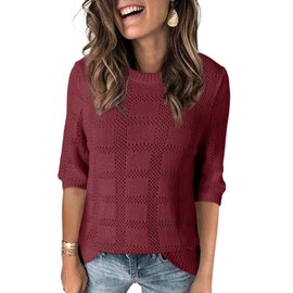 Dokotoo Womens Fashion Casual Spring Summer Shirts and Tops for Women 2024 Trendy Dressy Crew Neck Pullover Sweater T-Shirts 3/4 Sleeve Tunic Tops Hollow Out Loose Shirts Red Large