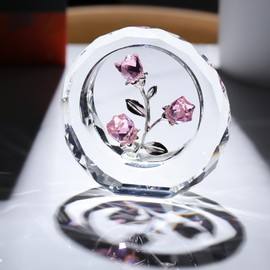 Crystal Pink Rose Blossom Flower Figurine Gifts for Her, Glass Rose Bouquet Collectible Paperweight Romantic Gift Idea for Women Wife Valentine's Anniversary Ornaments (Pink)