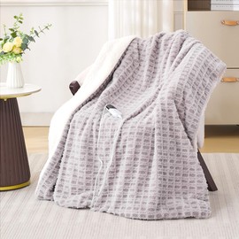 PTQ Waffle Electric Heated Throw Blanket 50"x60"– 6 Heat Levels & 4 Timer Settings, Ultra-Soft Faux Fur & Sherpa, ETL Certified, Overheat Protection, Machine Washable, Ideal Gift, Grey