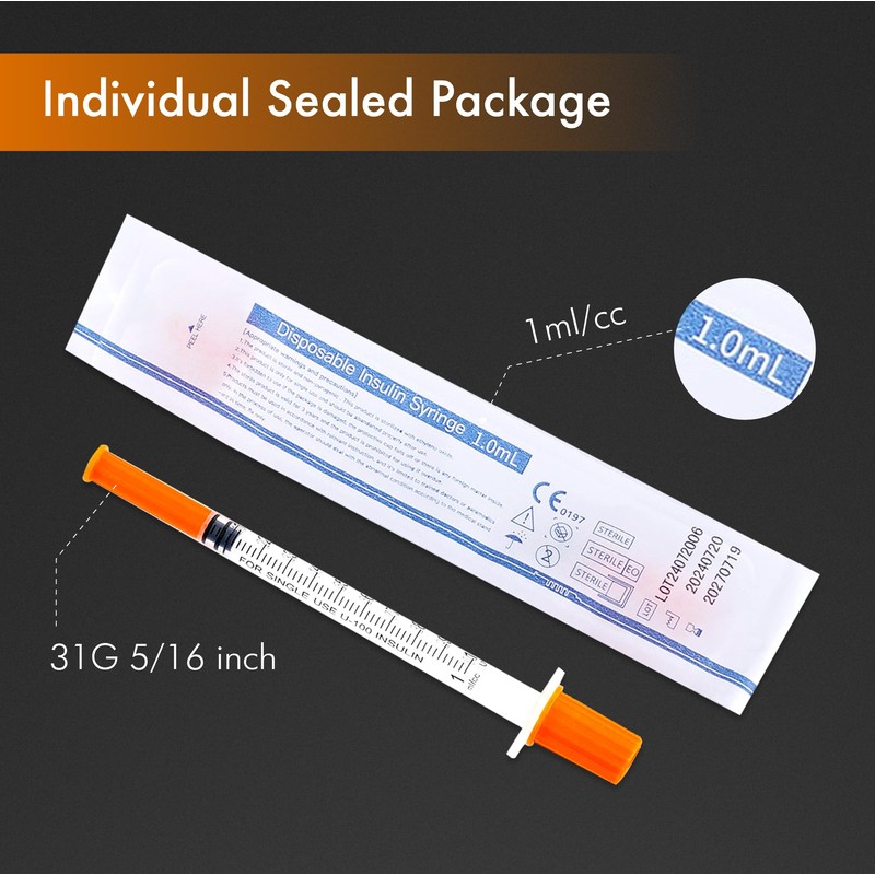 1ml/cc 31G 8mm Syringes, Lab Dispensing Syringe, Individual Wrapped, Box