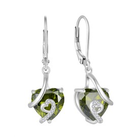 Aprila Women Love Heart Dangle Earrings 925 Sterling Silver Heart Leverback Drop Earrings with 5A Cubic Zirconia August Birthstone Peridot Color Jewelry