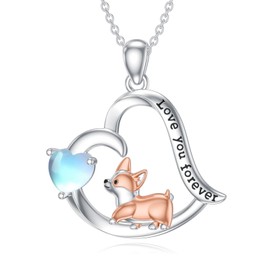 enjoylifecreative Corgi Moonstone Necklace for Women 925 Sterling Silver Dog Pendant Chain Pet Jewellery Gifts for Women Girls Dog Lovers, Sterling Silver, No Gemstone