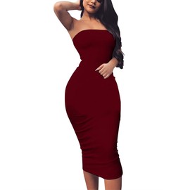 BORIFLORS Women's Basic Sleeveless Tube Top Sexy Strapless Bodycon Midi Club Dress,X-Large,Wine Red