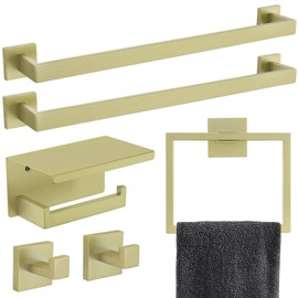 TNOMS 6-Piece Bathroom Hardware Set Brushed Light Gold Towel Bar Set Double Towel Bar Towel Ring Coat Hook and Toilet Paper Holder with Shelf Bathroom Accessories Set Wall Mounted 23.6 Inch