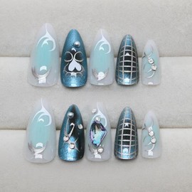 Blue Press on Nails Silver Line Fake Nails Medium Almond False Nails with Diamond Design Pearl Glue on Nails Glossy Artificial Acrylic Full Cover Heart Stick on Nails for Women Manicure 24Pcs