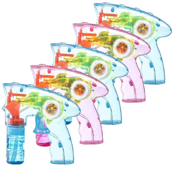 Prextex Pack of 5 Wind up Bubble Gun Shooter LED Light up Bubble Blower Indoor and Outdoor Toys for Puppy’s Kid’s Boys and Girls no Batteries Needed