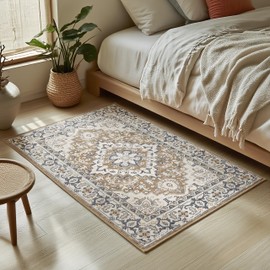 Lofus 2x3 Washable Rug for Entryway Bathroom, Non Slip Kitchen Mats for Floor, Vintage Soft Door Mat Indoor Entrance, Small Area Rugs, Farmhouse Carpet for Entry Living Room Bedroom, Floral Brown