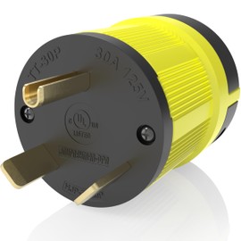 Journeyman-Pro NEMA TT-30P, 30 Amp, 125 Volt, Straight Blade Male RV Trailer Plug Connector, Black/Yellow Industrial Grade, Grounding 3750 Watts Generator TT30 (TT30P-YELLOW)