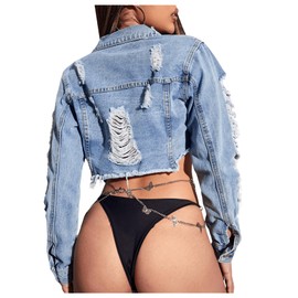 GORGLITTER Women's Ripped Raw Hem Cropped Denim Jacket Long Sleeve Distressed Frayed Jean Jackets Blue Light Wash X-Large