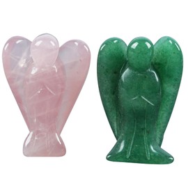Lovionus89 Mini Crystal Angel, 2 Pieces Bag Carved Gemstone Guardian Figures Healing Statue Home Decor 1.5 Inches, Rose Quartz + Green Aventurine