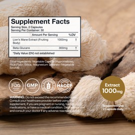 Lion’s Mane Mushroom Supplement 1000mg – Brain Support, Focus & Memory – Organic Mushroom Extract with Beta-Glucans – Cognitive & Nerve Support – 60 Capsules