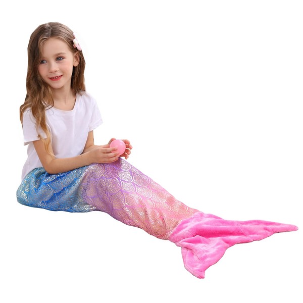 Viviland Kids Mermaid Tail Blanket - Girls Toddlers Mermaid Toys - Flannel Mermaid Blanket Gifts for Girls - Glittering Rainbow Ombre Mermaid Tale Blanket - Red Tail 17"×39"