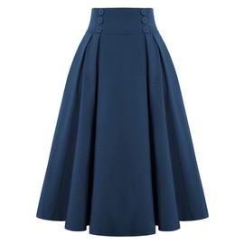 Belle Poque Women's Casual High Waist Pleated A-Line Midi Skirt with Pocket Navy Blue#2150 M
