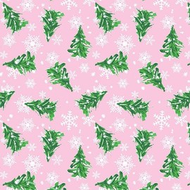Christmas Holiday Tissue Paper with Green Trees and White Snowflakes On a Pink Background, 20 x 30 Inch Sized Sheets, 12 Sheet Pack
