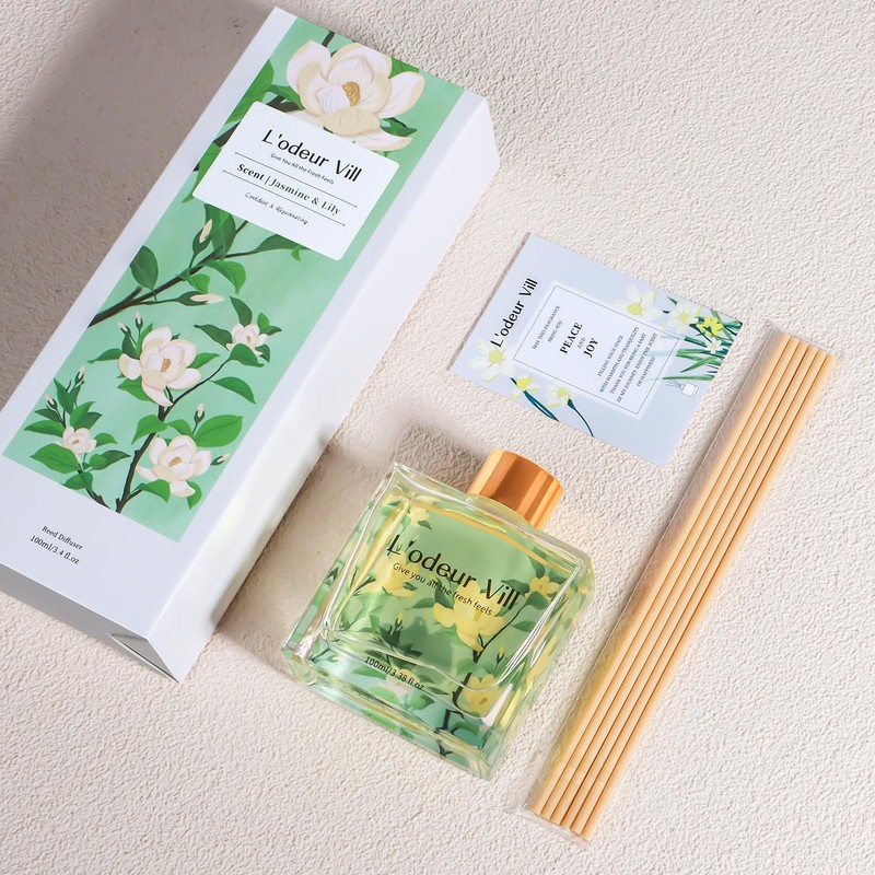 L'odeur Vill Reed Diffuser Set/Jasmine & Lily/3.38 fl.oz（100ML）/1 Pack with