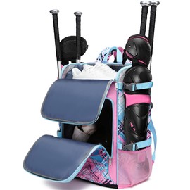 FOKDUVB Baseball Softball Catchers Gear Bag for Helmet Chest Protector Leg Guards Cleats Large Baseball Softball Bat Backpack for Boys Girls Catchers Equipment Bag for Youth Adult Pink Blue Plaid