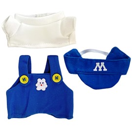 Vavious - Juego de ropa de muñeca de 17 cm, 3 piezas, color azul de alta calidad, para tener un asiento, muñecos de felpa de diseño, gorro, monos y playera, accesorios de vestir (estilo azul 1)