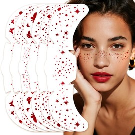 Face Glitter Makeup Patches, 6 Piece Waterproof Freckle Stickers, Red Hearts Stars and Butterflies Design Glitter Freckles Face Tattoo