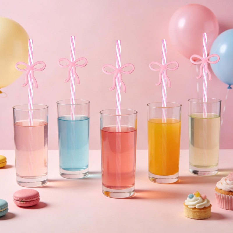 24 Reusable Crazy Drinking Straws for Kids Pink Bow Birthday