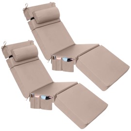 Wenqik 2 Pcs Outdoor Chaise Lounge Cushion with Pillow and Side Pocket Waterproof Lounge Chair Cushions with Pocket on Back 72 x 21 x 4 Inch Patio Pool Replacement Pad (Khaki)