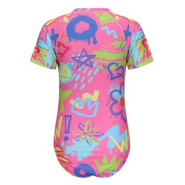Qterdiz Big Girls One Piece Swimsuits Rash Guard for Girl Short Sleeve Bathing Suits with Front Zipper Sun Protection Swimwear Pink Graffiti Size 10/8-10 Years