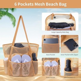 Bolsa de Playa para Mujer,Alta capacidad reticulada Bolso de Hombro,bolsas de mujer Diseño multi-compartimento con compartimento con cremallera y 4 bolsillos para playa,compras, vacaciones,etc (Caqui)