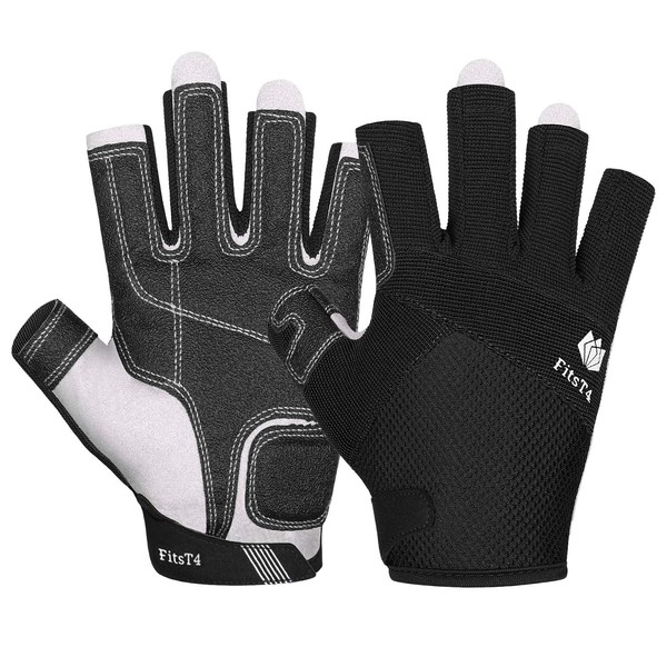 FitsT4 Sailing Gloves 3/4 Finger Padded Palm - Mesh Back for Comfort - Perfect for Sailing, Paddling, Canoeing, Kayaking, SUP for Men Women & Kids Black XL