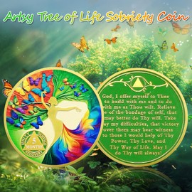 IELCJJ 5 Month Sobriety Coin, Delicate Artsy Tree of Life Sobriety Chip Colorful Butterfly AA Coin and Medallions Sober Token Narcotics Alcoholics Anonymous Recovery Gifts for Men Women