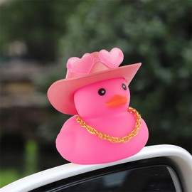 wonuu Car Cowboy Rubber Ducks, Dashboard Decorations Pink Duck for Car Ornament Accessories with Hat Heart Glasses Chain, Rose Gold