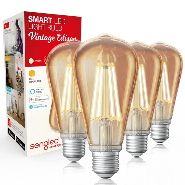 Sengled Zigbee Smart Light Bulbs, Smart Hub Required, Work with SmartThings and Echo with Built-in Hub, Voice Control with Alexa and Google Home, Amber Warm 2000K Smart Edison Bulbs, 60W Eqv. 4 Pack