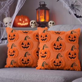 Halloween Throw Pillow Covers 18x18 Set of 2 Orange Pumpkin