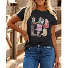Pairxily Cowboy Shirts for Women Western Cowgirl Country Graphic Tees Rodeo Boot Vintage T Shirts Music Cute Concert Outfit(Black,M)