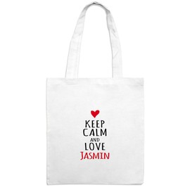 Jute Bag with Name Jasmine - Keep Calm Motif - Colour White - Fabric Bag, Jute Bag, Hipster Bag, White
