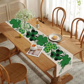 Girlly St Patricks Day Table Runner 13x72 Inch Shamrocks Eucalyptus Buffalo Plaid Seasonal Holiday Kitchen Dining Table Decoration for Indoor Kitchen Dining Home Party Decor