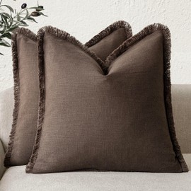 Foindtower Set of 2 Decorative Linen Fringe Throw Pillow Covers Boho Farmhouse Cushion Cover with Tassels Soft Accent Pillowcase for Couch Sofa Bed Living Room Home Decor,22×22 Inch,Reddish Brown